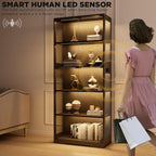 Display Cabinet with Glass Doors, 5-Tier 65" Glass Display Cabinet with LED 3-Color Lights & Human Body Sensor, Curio Cabinet with Textured Wood Shelves for Collectibles, Black Wood Frame
