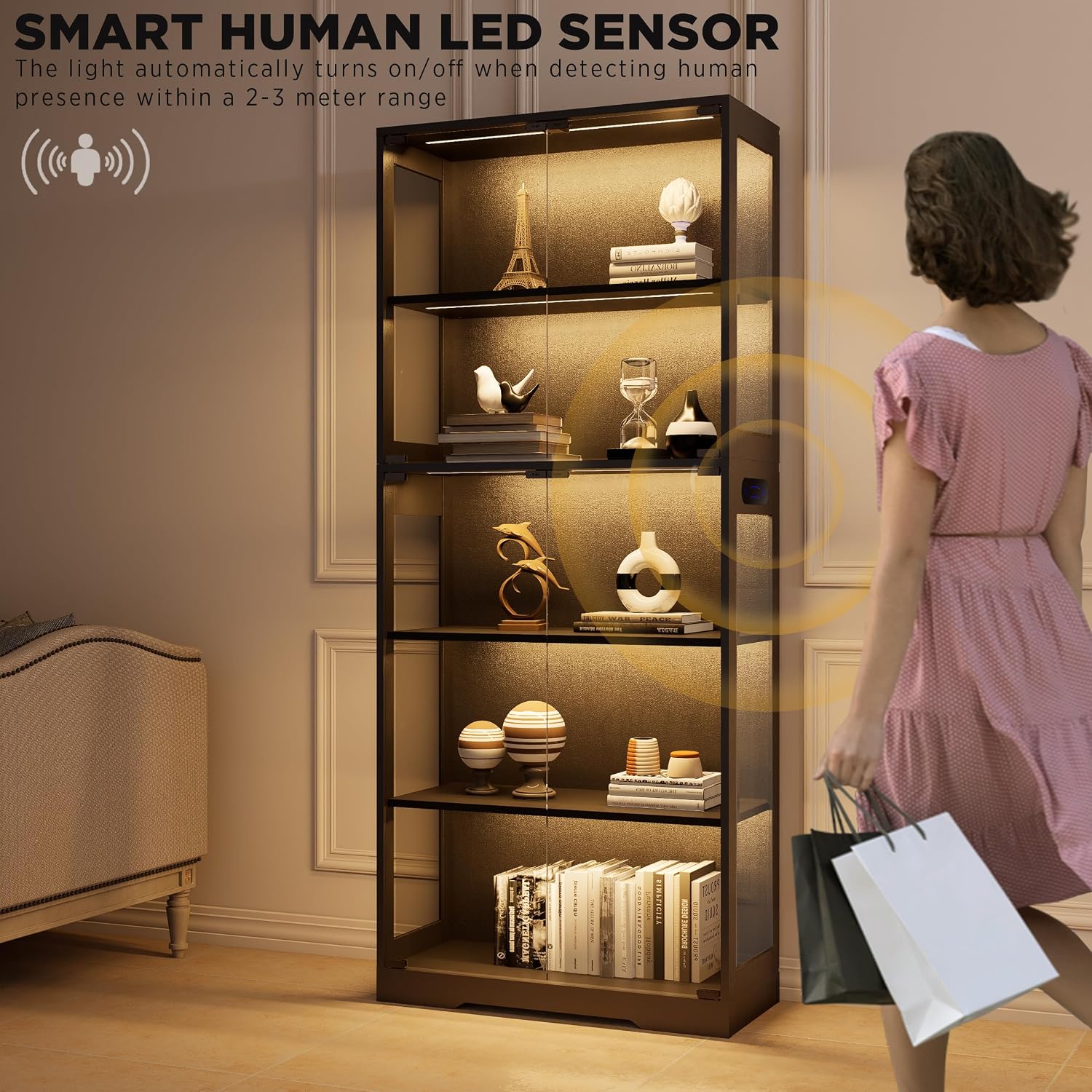 Display Cabinet with Glass Doors, 5-Tier 65" Glass Display Cabinet with LED 3-Color Lights & Human Body Sensor, Curio Cabinet with Textured Wood Shelves for Collectibles, Black Wood Frame
