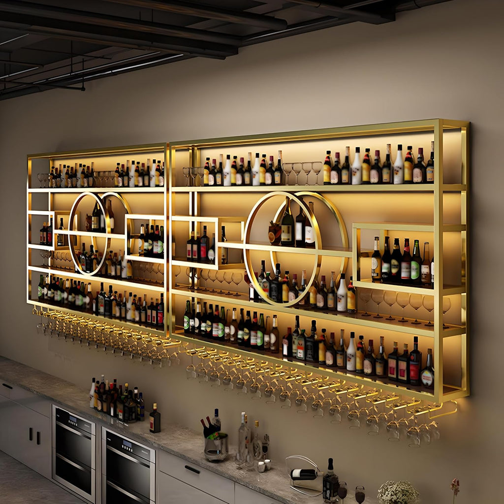 94.5in Wall Mounted Wine Rack, Black 4-Tier Large Capacity | Iorn Floating Shelf, Hanging Liquor Storage Display Shelf, Save Space with Glass Holder, for Bar Home Kitchen
