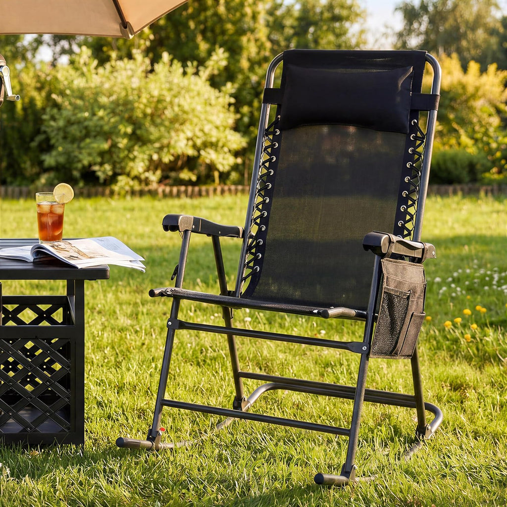 Yaheetech 26in Rocking Chair Outdoor Zero Gravity Folding Chairs Rocking Chairs Foldable Outdoor Reclining Lounge Chair for Outside Lawn with Cupholder/Pillow Ergonomic Design for Rest, Black