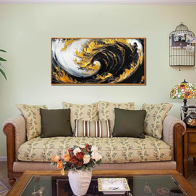 SIXTTART Abstract Black and White Wall Art for Living Room - Gold Modern Wall Art for Office - Framed Canvas Wall Art for Bedroom Size 20" x 40"