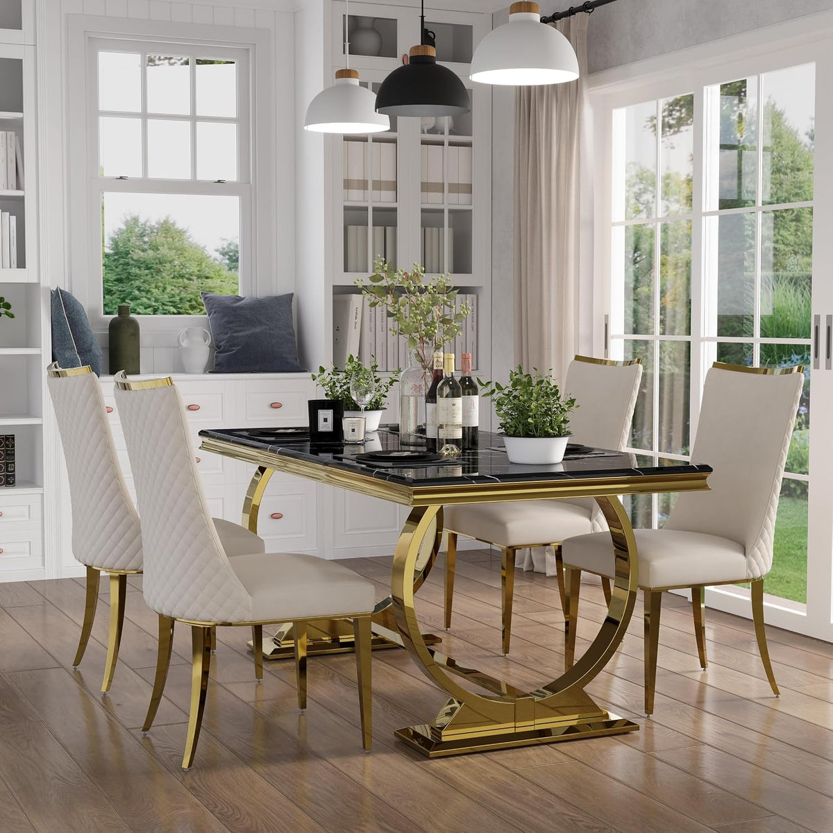 7 Piece Dining Room Table Set for 6, Kitchen and Dining Room Table Set with 70" Gold Rectangular Dining Table and 6 White Velvet Upholstered Dining Chairs