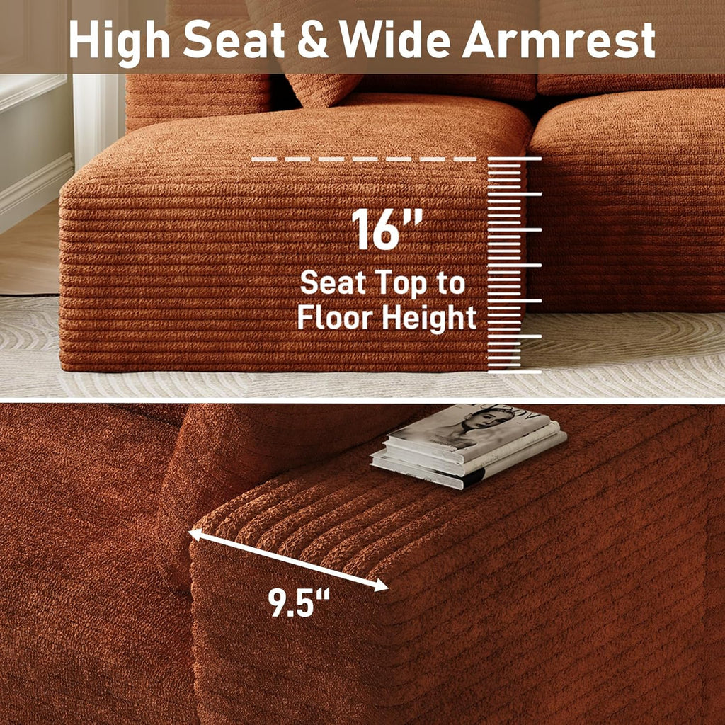 Cloud Sectional Couch Modular Sectional Sofa, 96" Comfy Fluffy Orange L Shaped Couches for Living Room, Deep Seat Plush Corduroy Memory Foam Couch with Left Facing Chaise Sofa