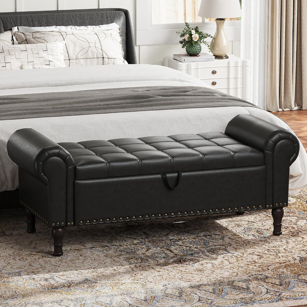 YOUDENOVA 51” Ottoman with Storage, Upholstered Storage Ottoman Bench with Rolled Arms, PU Leather Storage Bench for Bedroom, Living Room, Entryway, Black