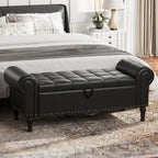 YOUDENOVA 51” Ottoman with Storage, Upholstered Storage Ottoman Bench with Rolled Arms, PU Leather Storage Bench for Bedroom, Living Room, Entryway, Black