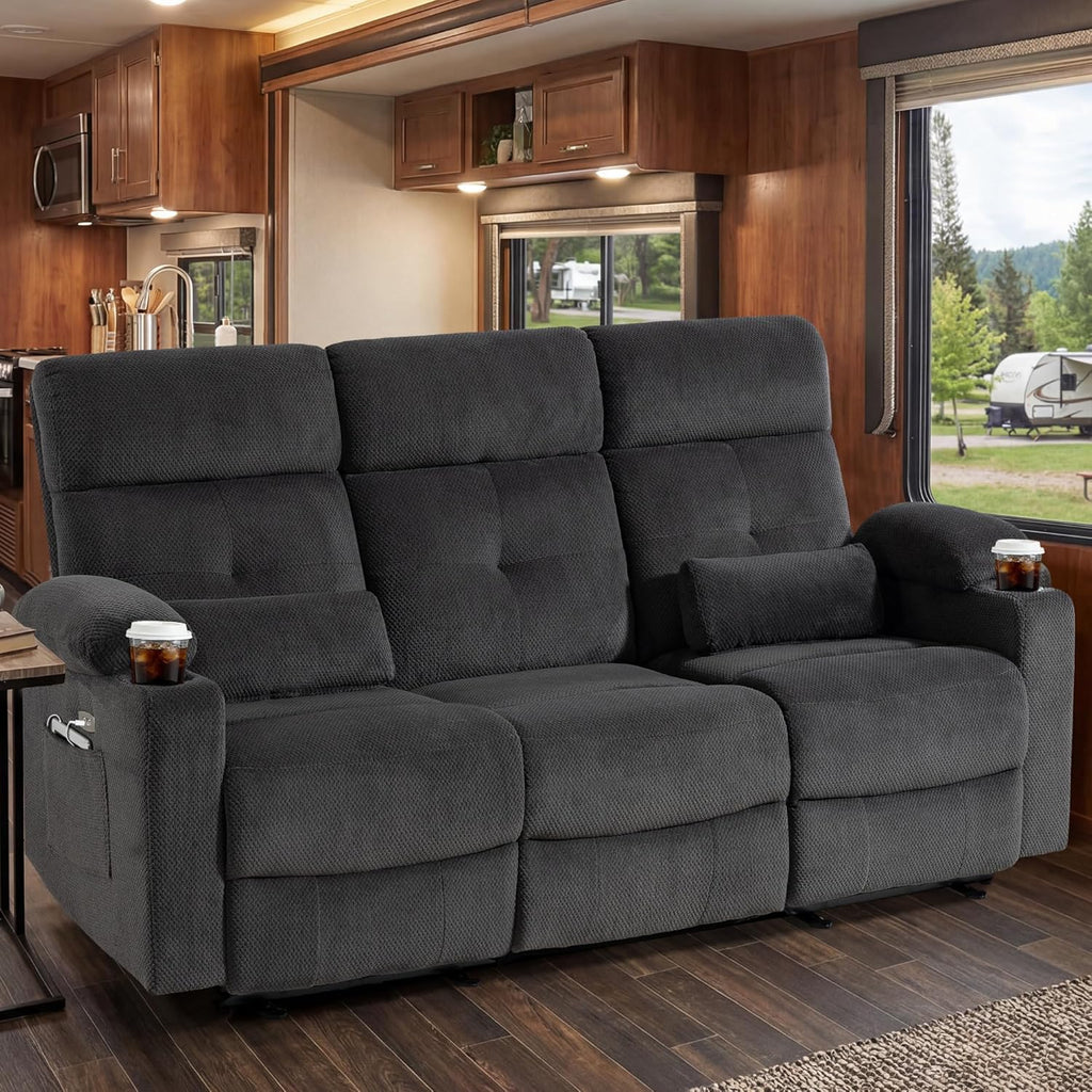 Power Reclining Sofa with Heat and Massage| RV Wall Hugger Recliner Sofa with Electric Tilt | RV 3 Seater Recliner Sofa for Living Room (Sofa Grey)