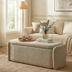 VKNOW Storage Bench, Upholstered Storage Ottoman Bench with Hinge, Khaki | Ottoman Bench with Large Capacity, Curved Frame, Soft Fabric, Storage Bench for Bedroom, Living Room, Entryway