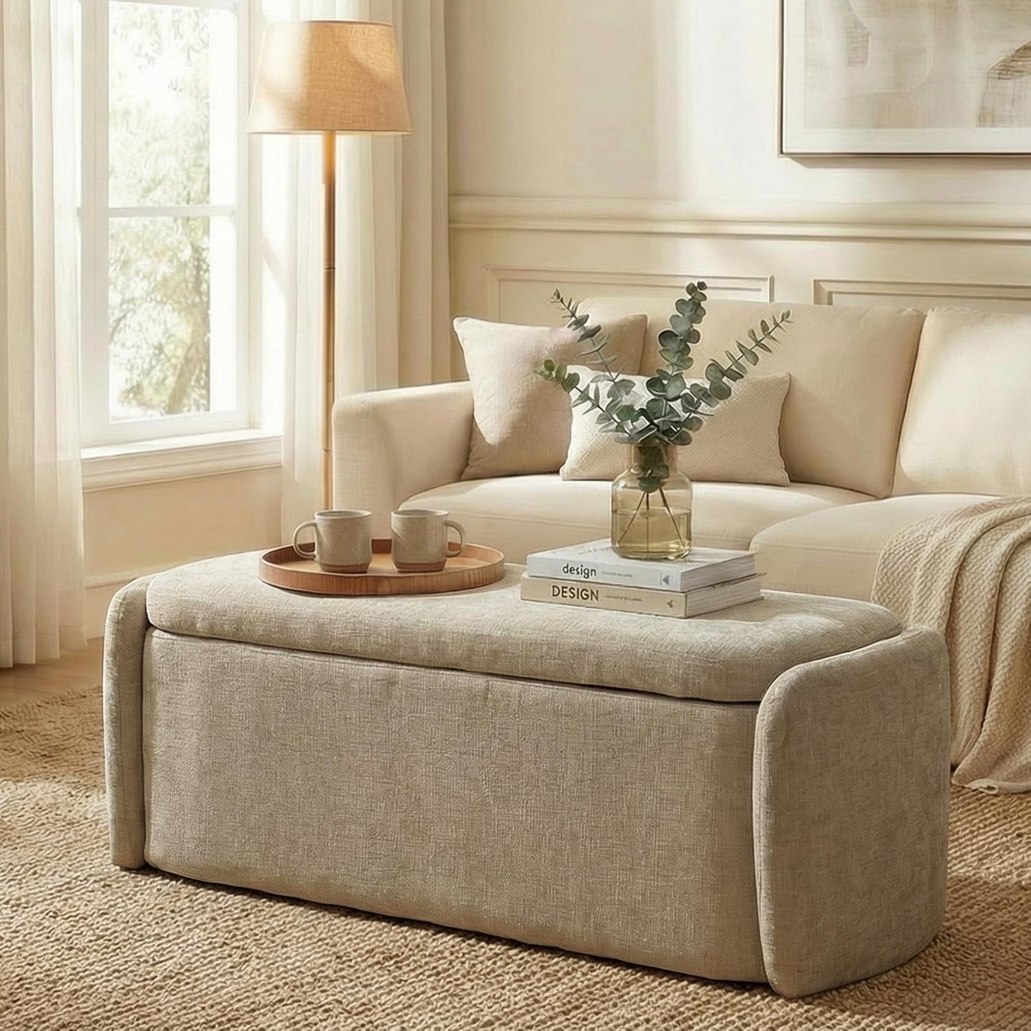 VKNOW Storage Bench, Upholstered Storage Ottoman Bench with Hinge, Khaki | Ottoman Bench with Large Capacity, Curved Frame, Soft Fabric, Storage Bench for Bedroom, Living Room, Entryway