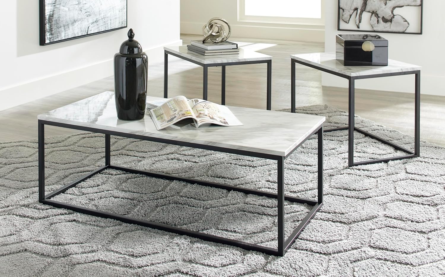 GTU Furniture Contemporary Engineered Wood Rectangular 3-Piece Coffee Table Set, Cocktail Table with 2 Matching End Tables, Gray/Black Finish for Living Room