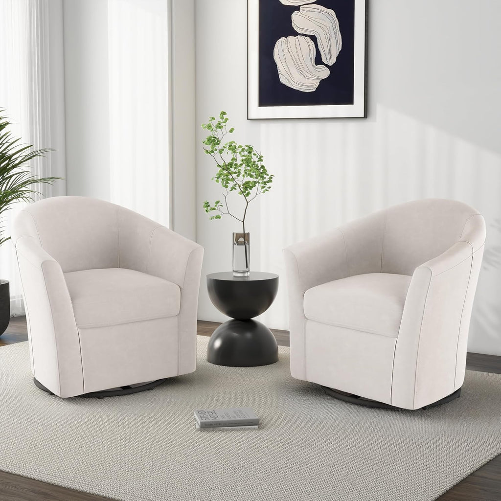Swivel Accent Chair, Upholstered Velvet Barrel Armchair, Modern Round Single Sofa Seating Comfy Reading Corner Chairs for Living Room Bedroom, Fully Assembled (Velvet Ivory, Set of 2)