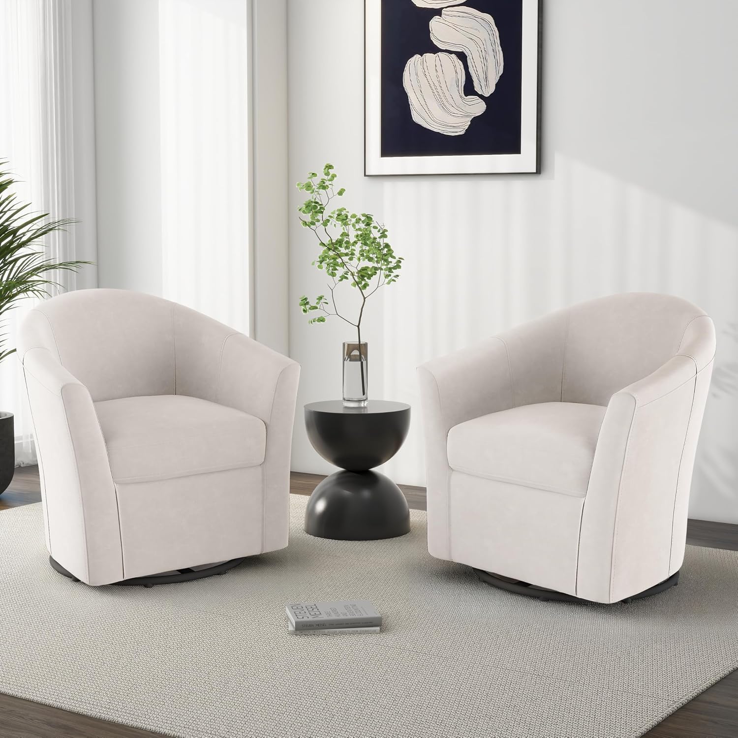 Swivel Accent Chair, Upholstered Velvet Barrel Armchair, Modern Round Single Sofa Seating Comfy Reading Corner Chairs for Living Room Bedroom, Fully Assembled (Velvet Ivory, Set of 2)
