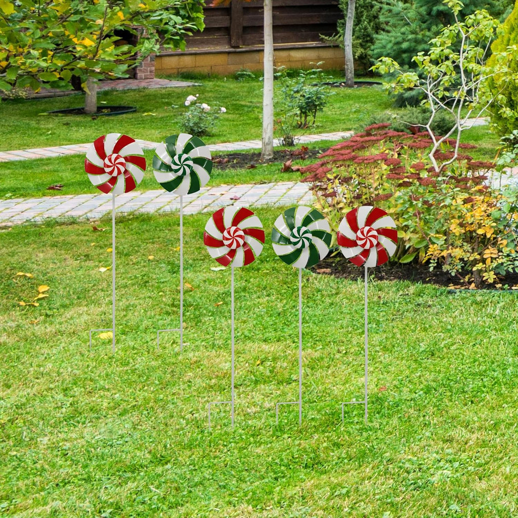 5pcs Wind Spinners Metal Colorful Flowers Garden Stake, Christmas Lollipop Pinwheels, 27" Metal Windmill Yard Art Outside Decorations, Lawn Ornaments Outdoor Garden Décor