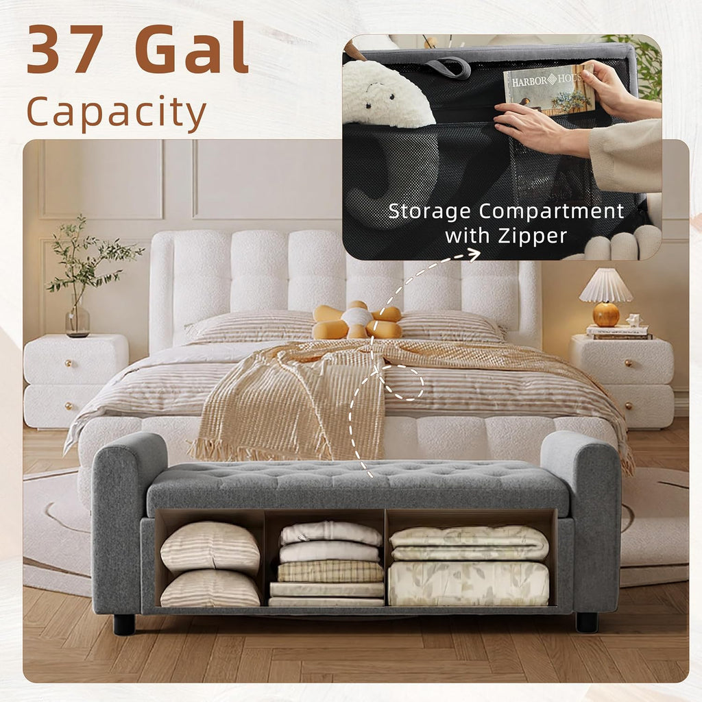 48" Ottoman with Storage, Tufted Storage Ottoman Bench, Convenient Living Room Fabrics Bench Seat, Entryway Shoe Benches with Inner Zipper & Arm, Rivetless Upholstered Window Seat Ottomans, Dark Grey
