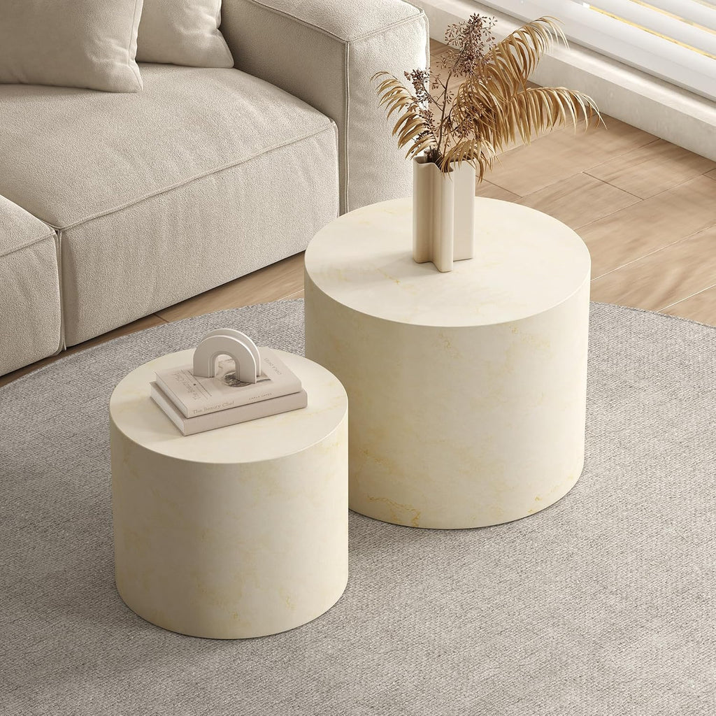 Nesting Round Coffee Table Set of 2, Accent End Table for Small Spaces, Morden Drum Side Table, Wooden Circle Center Table for Living Room, Fully Assembled - Faux Marble