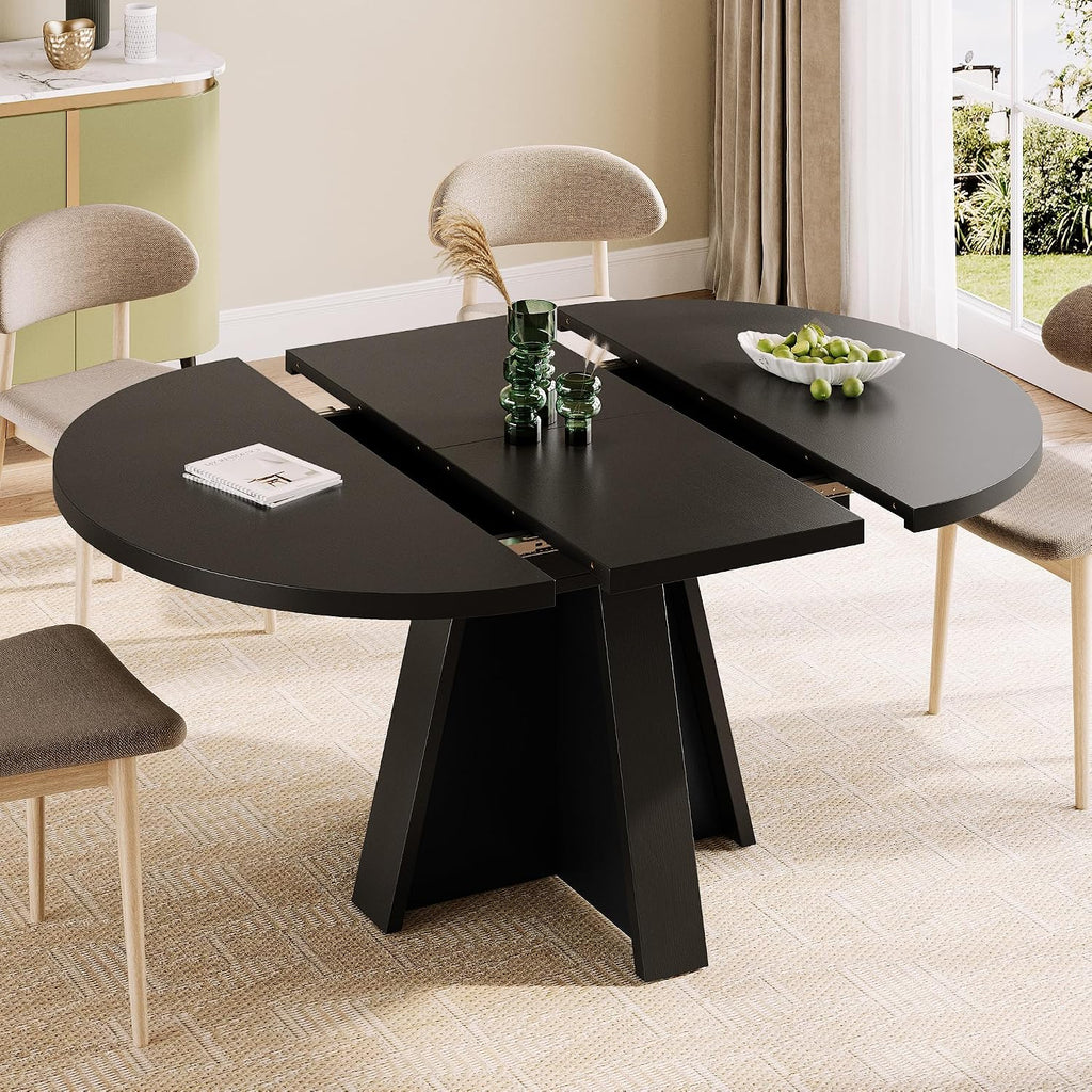 iPormis 43.3in-59in Extendable Round Dining Table for 4-6, Modern Wooden Kitchen Table for Dining Room, Adjustable Size Oval Circle Dinner Tables Furniture for Kitchen Living Room, Black