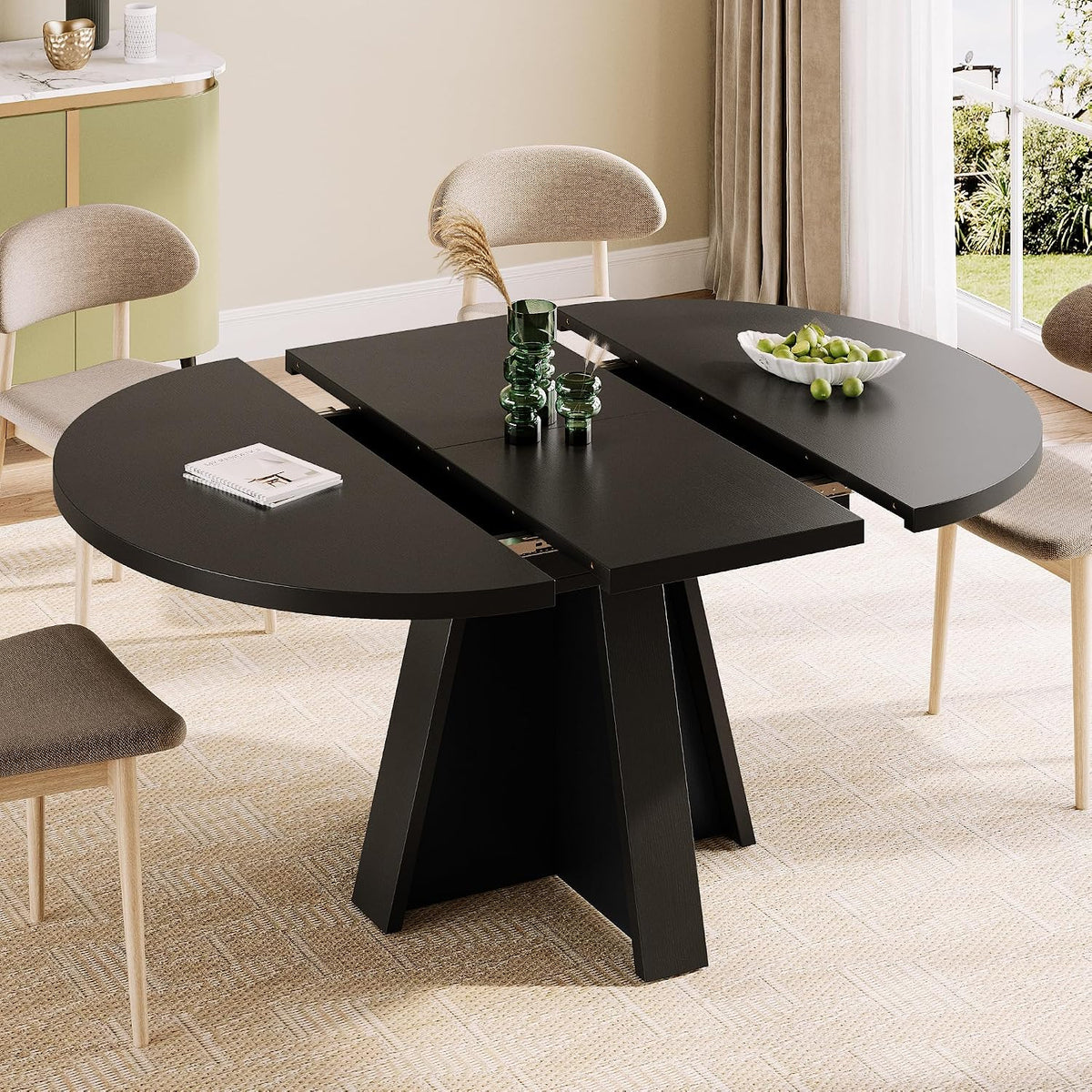 iPormis 43.3in-59in Extendable Round Dining Table for 4-6, Modern Wooden Kitchen Table for Dining Room, Adjustable Size Oval Circle Dinner Tables Furniture for Kitchen Living Room, Black