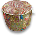 Sophia Art Indian Pouf Stool Vintage Patchwork Embellished with Patchwork Living Room Ottoman Cover, 18 X 13 Inches(Mhendhi Green)
