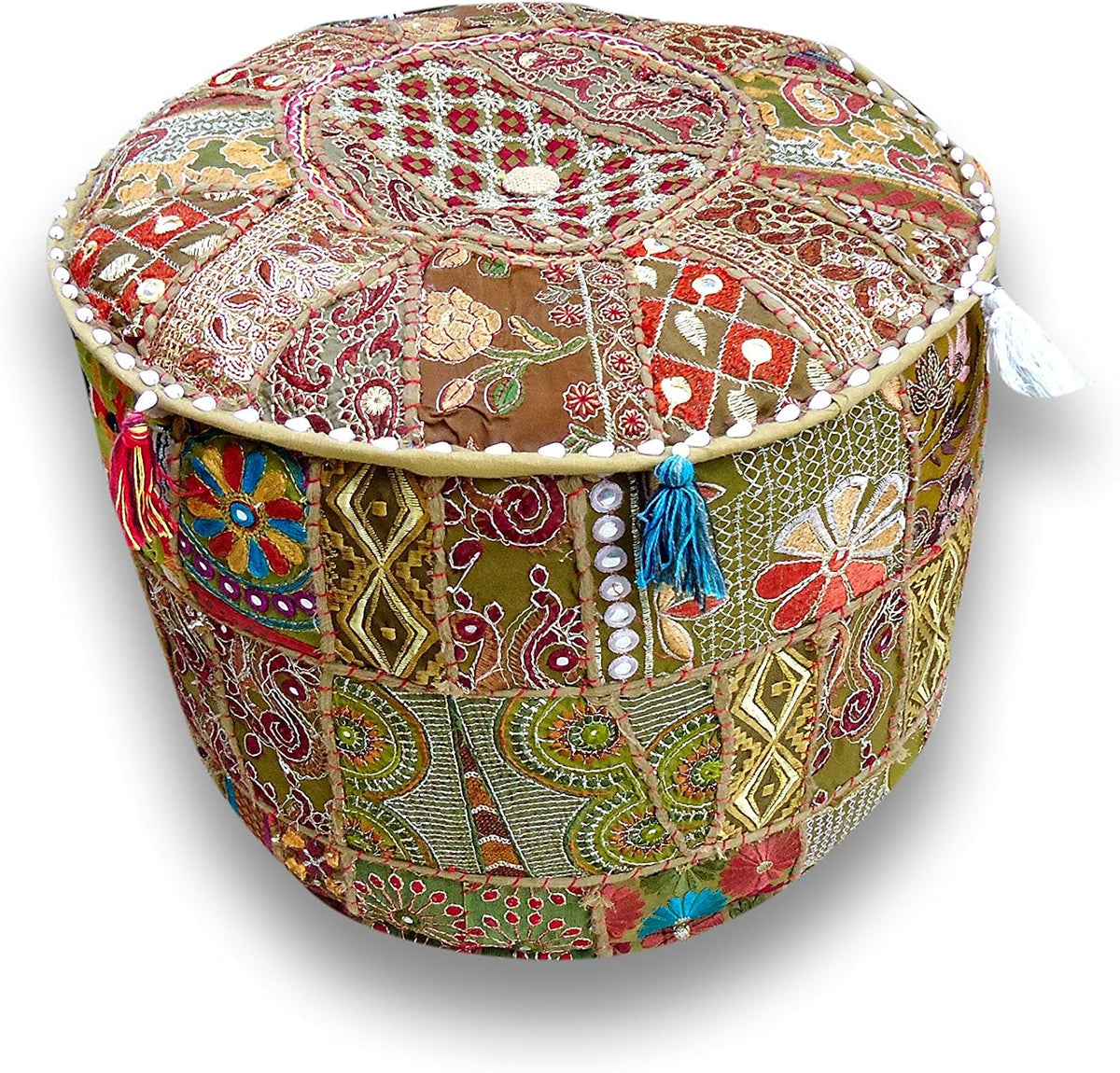 Sophia Art Indian Pouf Stool Vintage Patchwork Embellished with Patchwork Living Room Ottoman Cover, 18 X 13 Inches(Mhendhi Green)