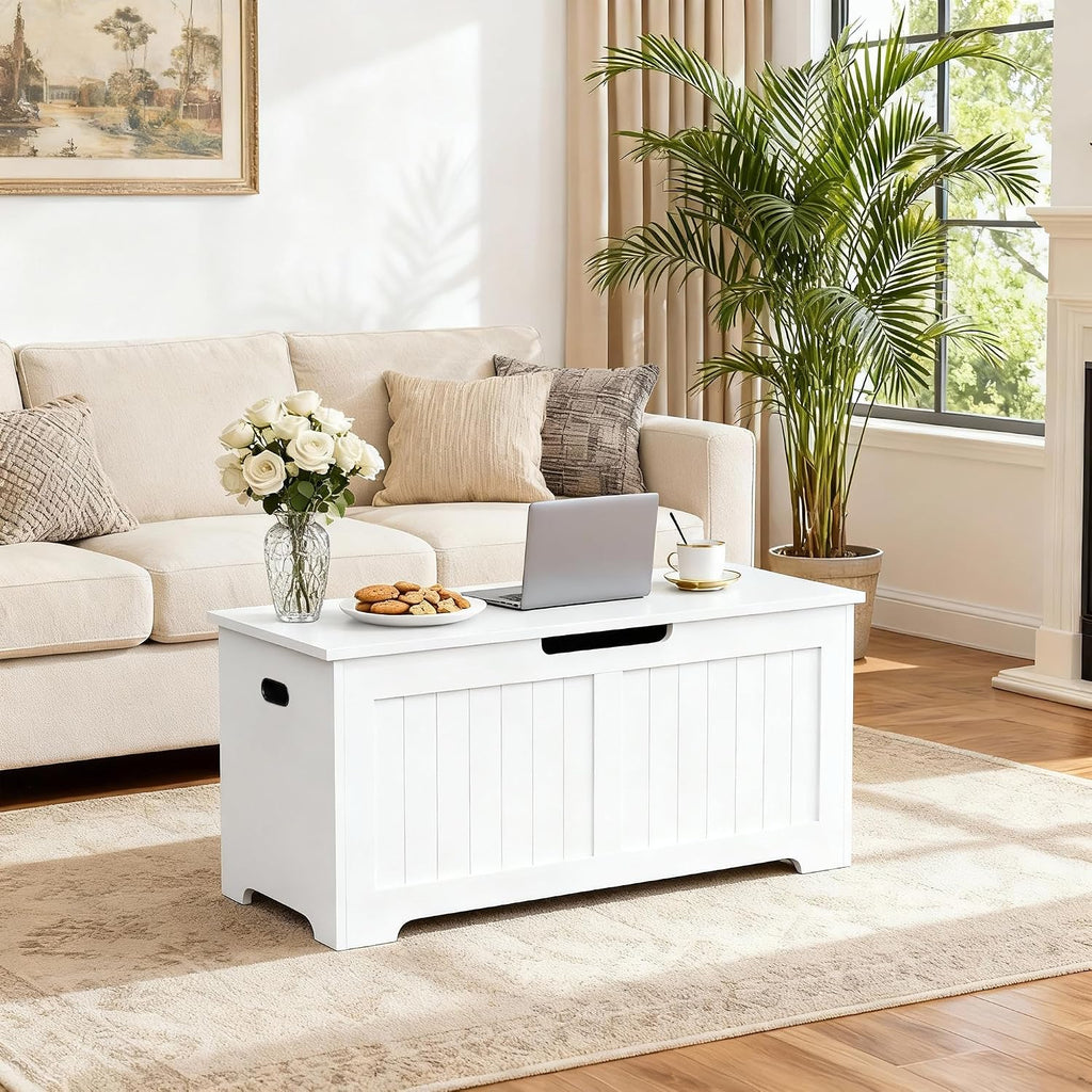 SUPER DEAL Storage Chest, 39 inches Chest Box Organizer with 2 Safety Hinges, Wooden Entryway Shoe Organizer Storage Bench, White