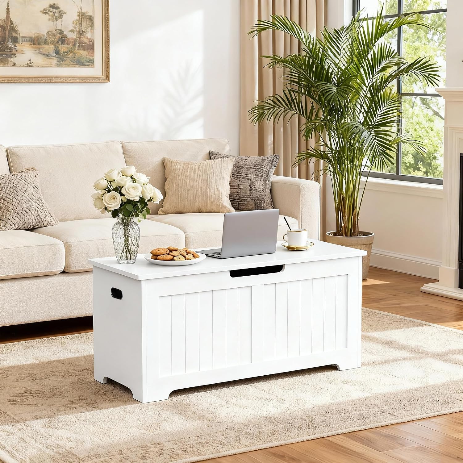 SUPER DEAL Storage Chest, 39 inches Chest Box Organizer with 2 Safety Hinges, Wooden Entryway Shoe Organizer Storage Bench, White