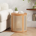 Christopher Knight Home Aurl 15.70" Round End Table, Hollow Woven Side Table, Small Rubber Wood Nightstand, Rattan Woven Tea Desk, Round Wood Tabletop, Chic Home Deor Desk, Easy Assembly, Natural