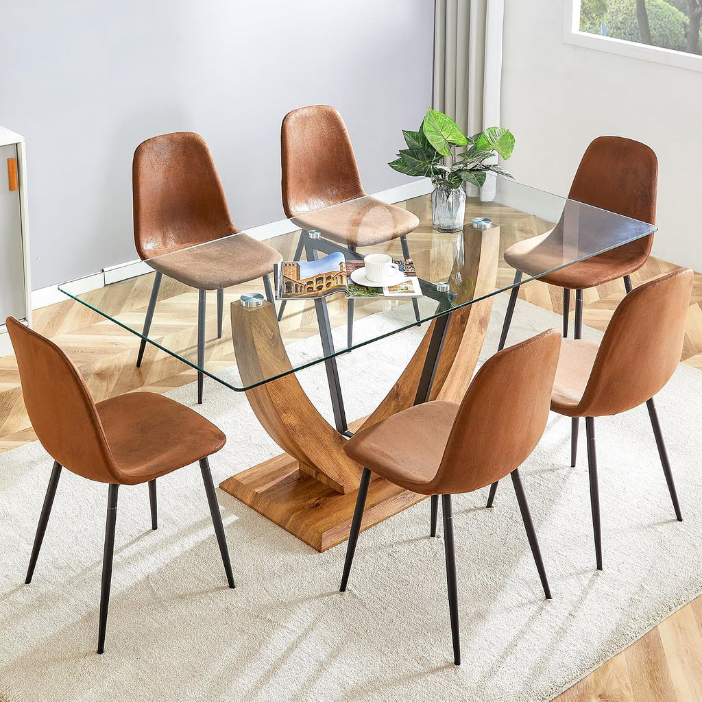 71" Glass Dining Table Set for 6, 7 Piece Dining Table Set,Tempered Glass Table Top with U-Shaped Legs and Fabric Dining Chairs,Ideal for Kitchens, Living Rooms (Brown Chair, 1 Table+6 Chairs)