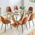 71" Glass Dining Table Set for 6, 7 Piece Dining Table Set,Tempered Glass Table Top with U-Shaped Legs and Fabric Dining Chairs,Ideal for Kitchens, Living Rooms (Brown Chair, 1 Table+6 Chairs)