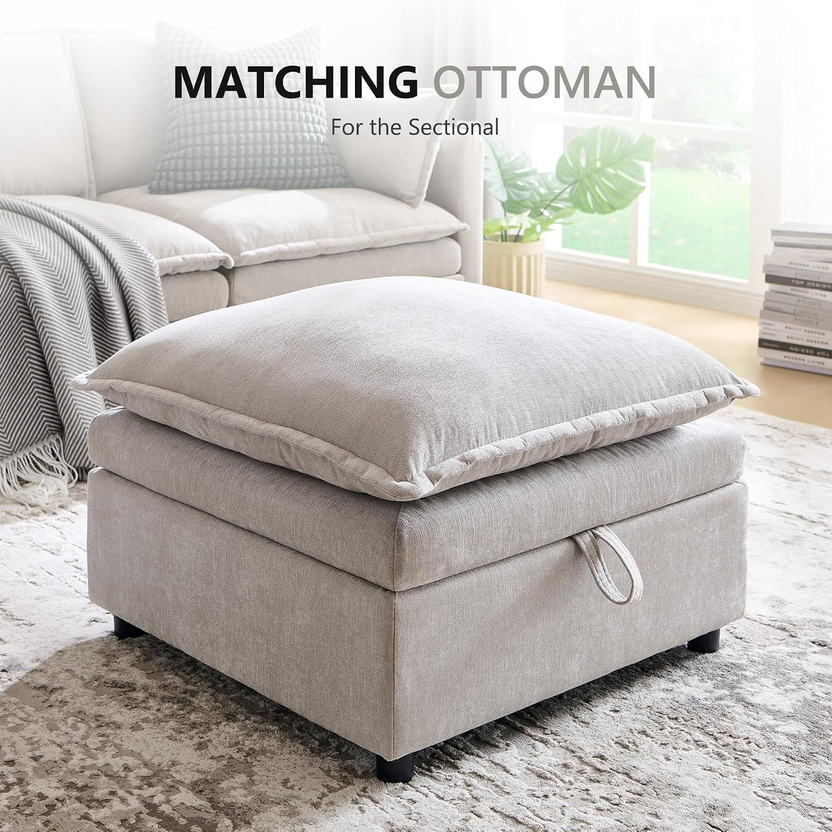 Chenille Upholstered Rectangle Ottoman for Modular Sectional Cloud Couch, Foot Stool, Faux Wood Feet, Durable Frame, Modular Sectional Couch Add Ons for Living Room, Bedroom, Light Gray