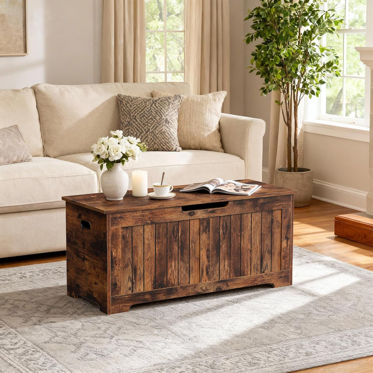 Wooden Storage Chest,30/40 Inch Storage Trunk w/2 Safety Hinges, Storage Bench, Modern Lift Top Chest Box Organizer (Rustic Brown, 40 Lx 15.7 W x19 H Inch)