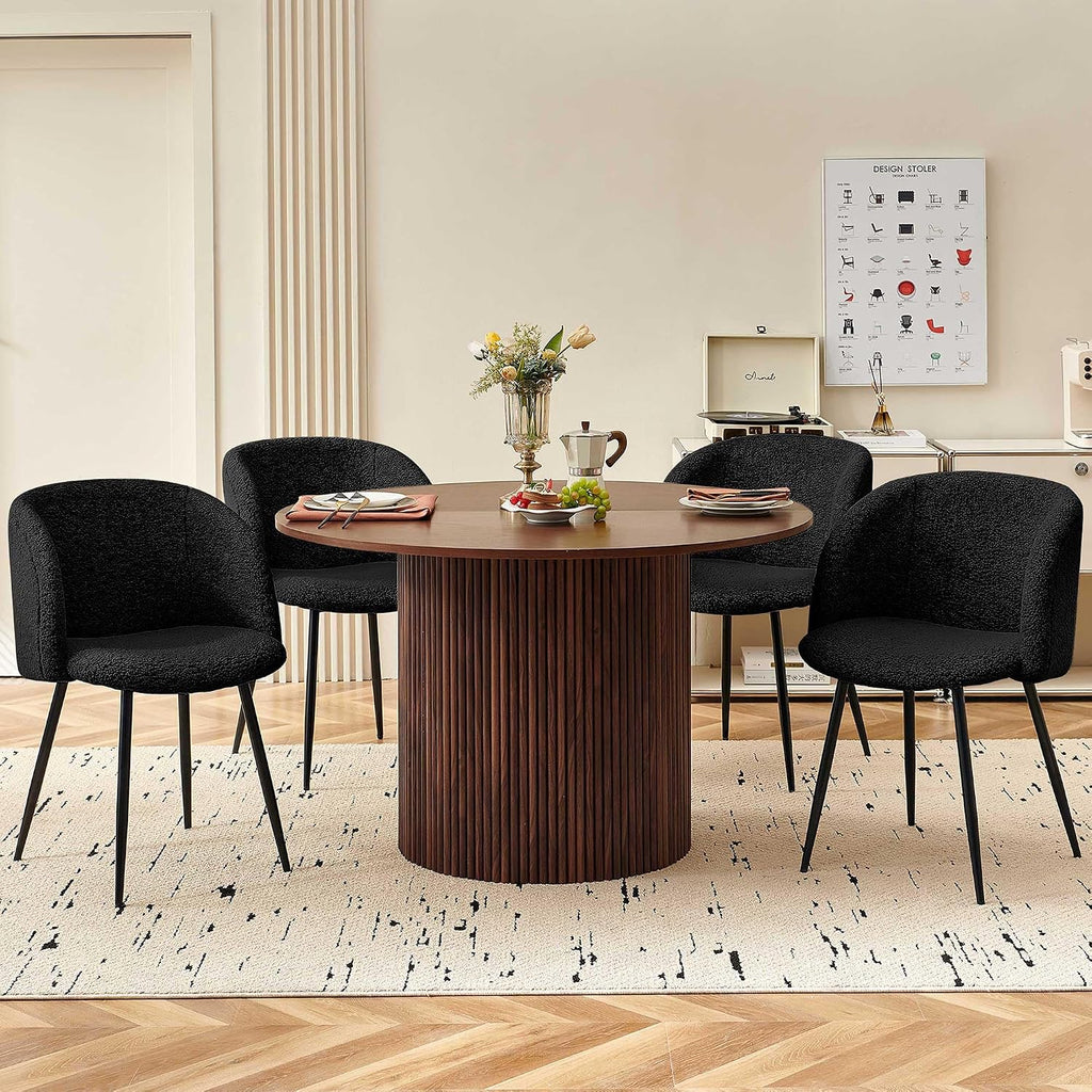 Homedot 5-Piece Round Dining Table Set for 4, 47-Inch Walnut Kitchen Table and Upholstered Chairs Set for Dining Room, Modern Circle Dinette Table Set with Black Barrel Dining Side Chairs Upholstered
