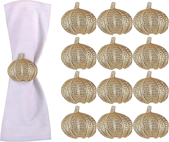 Gold Lightweight Metal Napkin Rings Set of 12 - Pumpkin Elegant Napkin Holders Modern Serviette Buckles Metallic Adornment for Table Settingsfor Thanksgiving, Fall, Halloween & Holiday - CLEENTABLE
