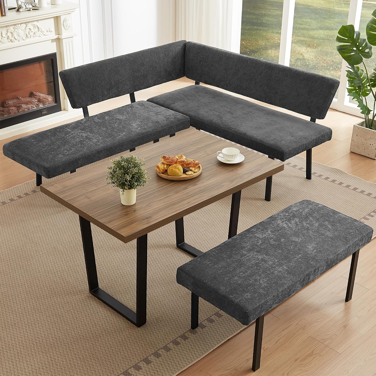 HIPIHOM 3-Piece Corner Dining Table Set with Bench, 67 Inch Space-Saving Breakfast Nook for Kitchen & Dining Room (Walnut Table & Grey Bench)