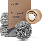 Vove Premium Magnetic Scrubber with Bamboo Handle - Steel Wool Scourer for Pots, Pans & Bottles - Heavy Duty Kitchen Cleaner with 3 Recyclable Steel Pads - Stainless Steel Scrubber Set