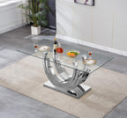 SSLine 7-Piece Silver Glass Dining Table Set for 6, Modern Luxury 70" Glass Dining Room Table with Three-Ring Shape Stainless Steel Base, Elegant Kitchen Table Set with 6 Black Tufted Chairs