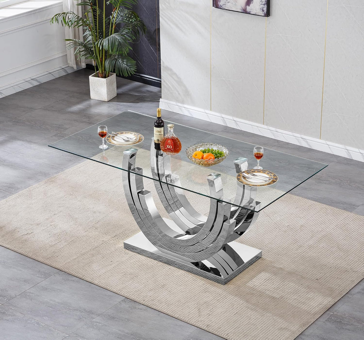 SSLine 7-Piece Silver Glass Dining Table Set for 6, Modern Luxury 70" Glass Dining Room Table with Three-Ring Shape Stainless Steel Base, Elegant Kitchen Table Set with 6 Black Tufted Chairs