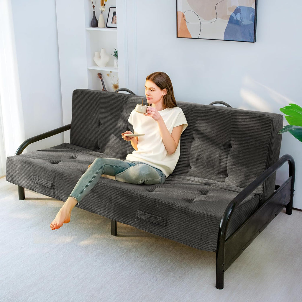 MAXYOYO Foldable Mattress, 8-Inch Tufted Futon Mattress with Handles | Tufted Floor Sofa Bed and Versatile Mattress, Carry Handles for Living Rooms or Guest Rooms, Frame Not Included, Dark Grey