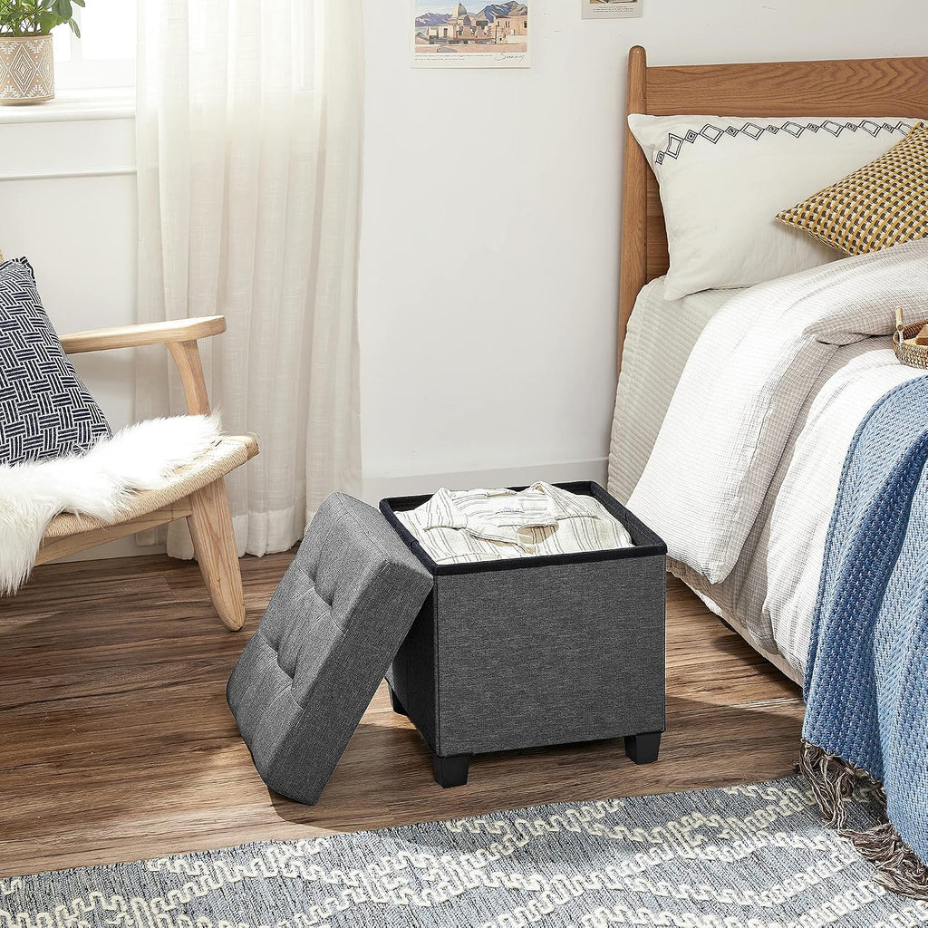 SONGMICS Storage Ottoman, Small Foot Rest, 15 x 15 x 15.7 Inches | Foot Stool with Legs, Load up to 661.4 lb, for Living Room, Bedroom, Dorm, Gray and Black, MELISA Collection ULSF014G01