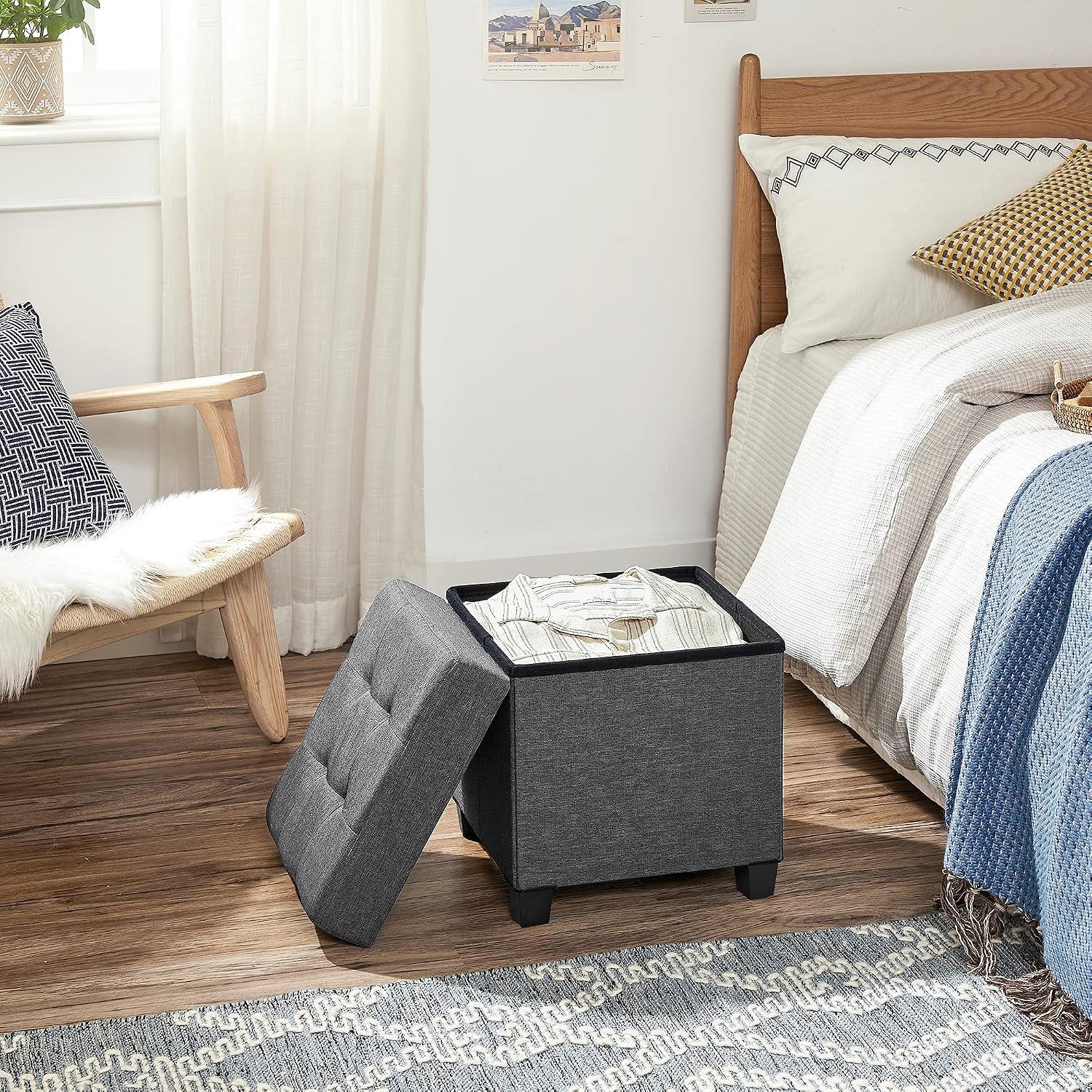 SONGMICS Storage Ottoman, Small Foot Rest, 15 x 15 x 15.7 Inches | Foot Stool with Legs, Load up to 661.4 lb, for Living Room, Bedroom, Dorm, Gray and Black, MELISA Collection ULSF014G01