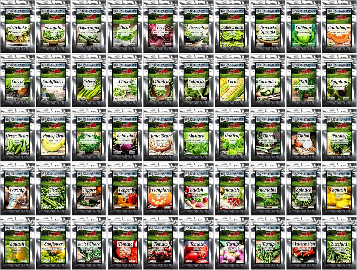 Survival Seed Vault: 50 Varieties, 50,000+ Non-GMO Heirloom Seeds - 5+ Year Supply in Secure Bucket + Growing Guide by B&KM Farms