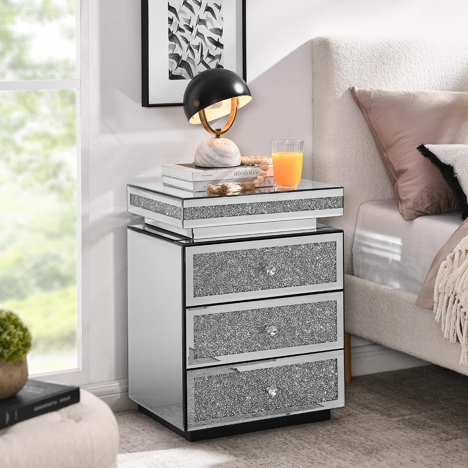SSLine 3-Drawer Mirrored End Table,Mirrored Nightstand End Tables Bedside Table,Silver Finished Mirror Accent Side Table for Bedroom, Living Room, Entryway,Hallway
