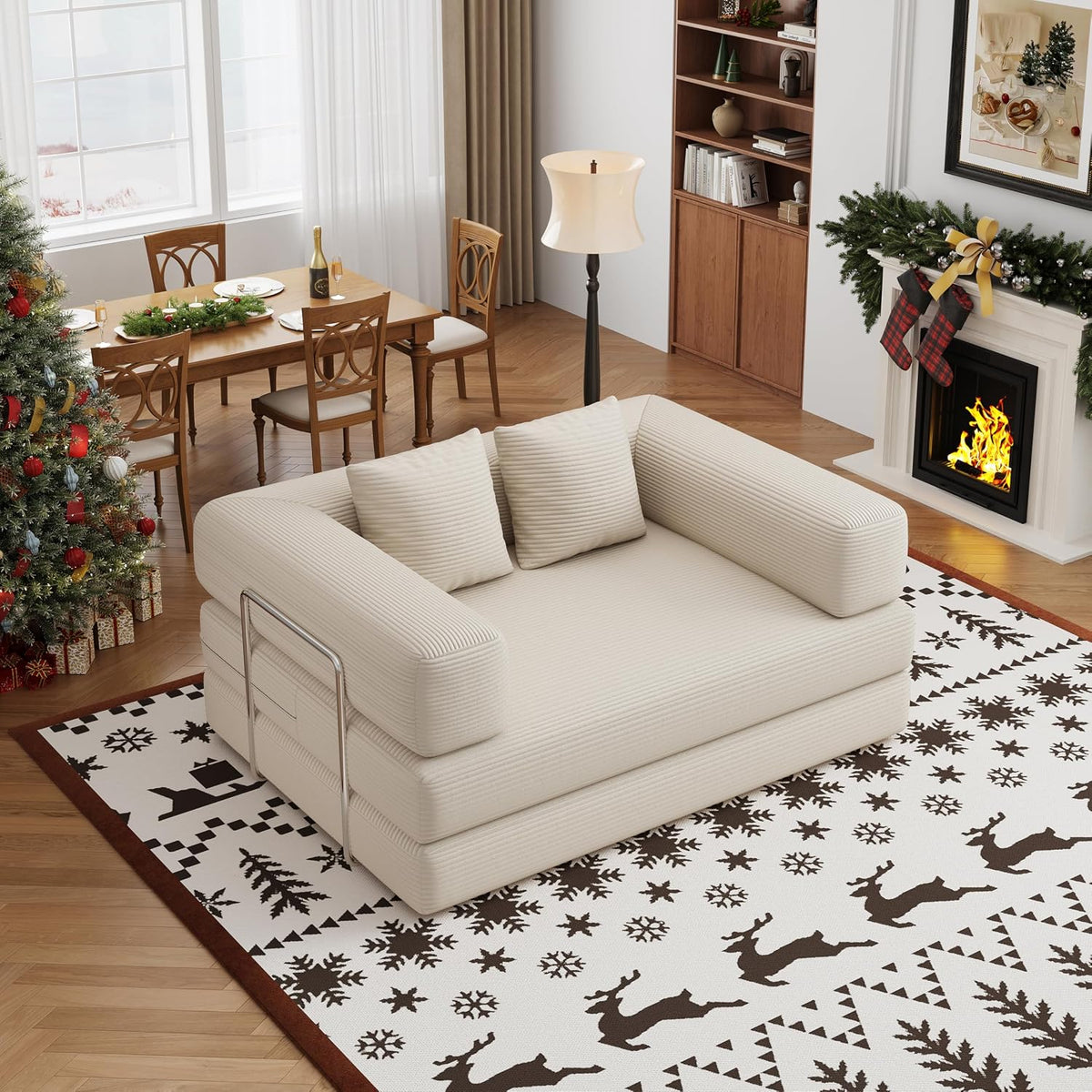BSHOMGI 4 in 1 Convertible Sofas Couches, Modern Corduroy Futon Bed, Modular Sofa with Pull-Out Bed, LoveSeat for Living Room, Small Space Apartment (Beige, 53.15" Double Sofa)