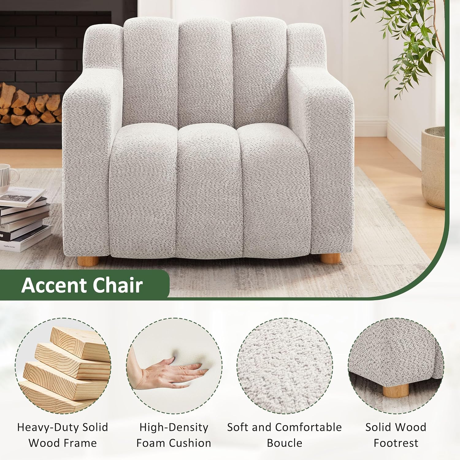 VANOMi Oversized Accent Chair Set of 2, Modern Living Room Chairs, Comfy Boucle Fabric Upholstered Armchair for Bedroom, Office, Waiting Room (Beige)