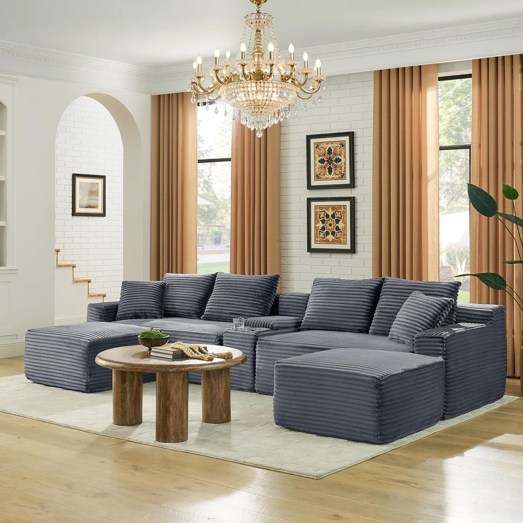 ERYE 127" U-Shaped Cloud Sectional Couch Oversized Modular Compressed Sectional Sofa with Ottoman Chaise Lounges & Console, Plush Corduroy Symmetrical Sofa, Grey