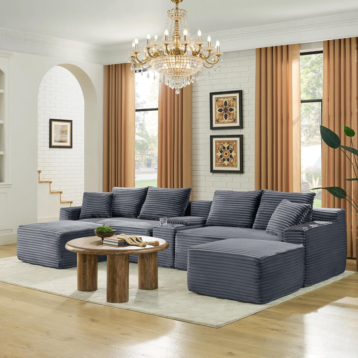 ERYE 127" U-Shaped Cloud Sectional Couch Oversized Modular Compressed Sectional Sofa with Ottoman Chaise Lounges & Console, Plush Corduroy Symmetrical Sofa, Grey