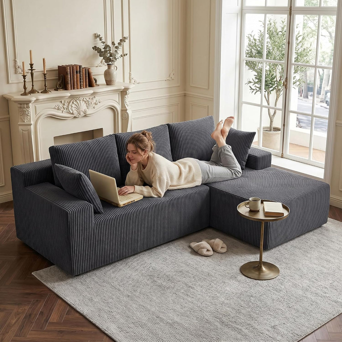 GRUSIGN Cloud Sectional Couches for Living Room, Modular L Shaped Couch with Deep Seat Oversized Right Facing Chaise, Memory Foam Compressed Spineless 3 Seater Sofa, Wide-Striped Grey
