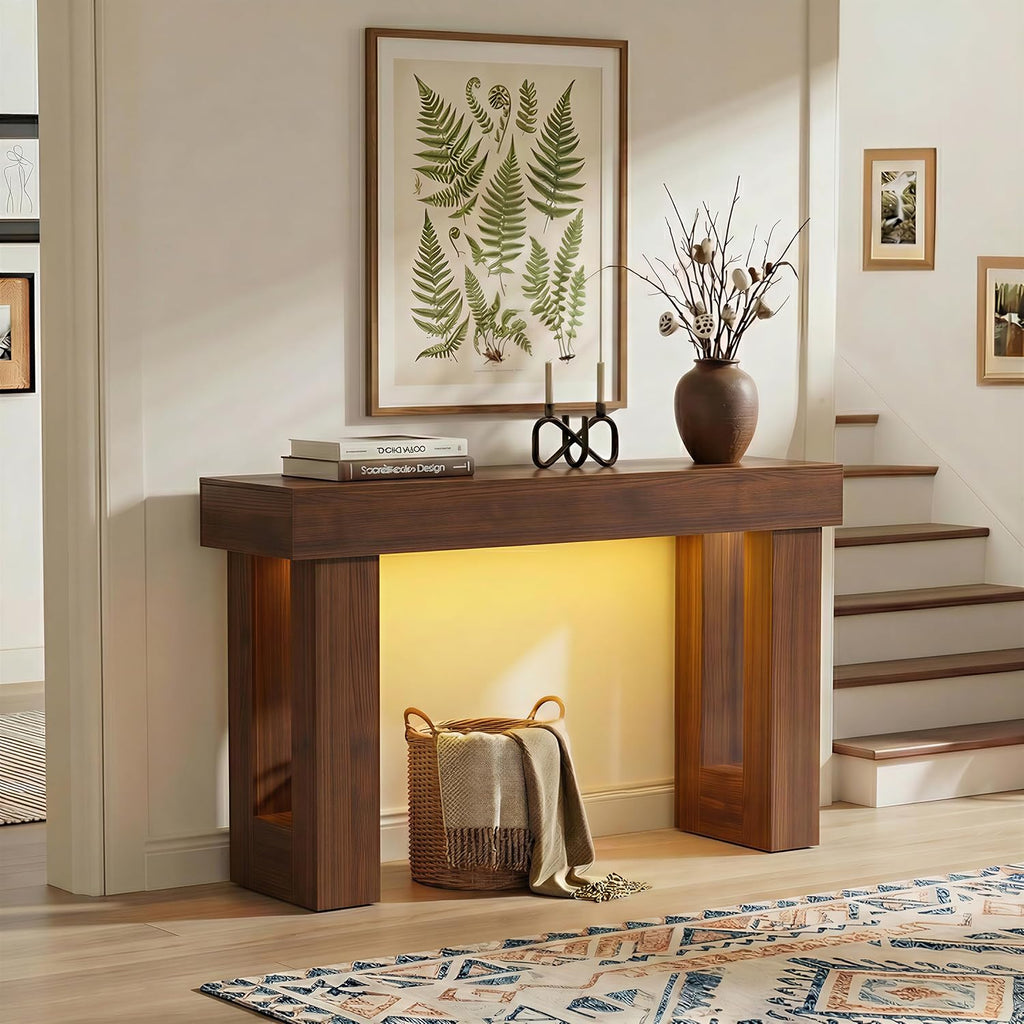 47" Narrow Console Table with Socket & Sensor Light, Farmhouse Entryway Table, Behind Couch Table, Hallway/Living Room/Couch Armrest Table, Dark Walnut