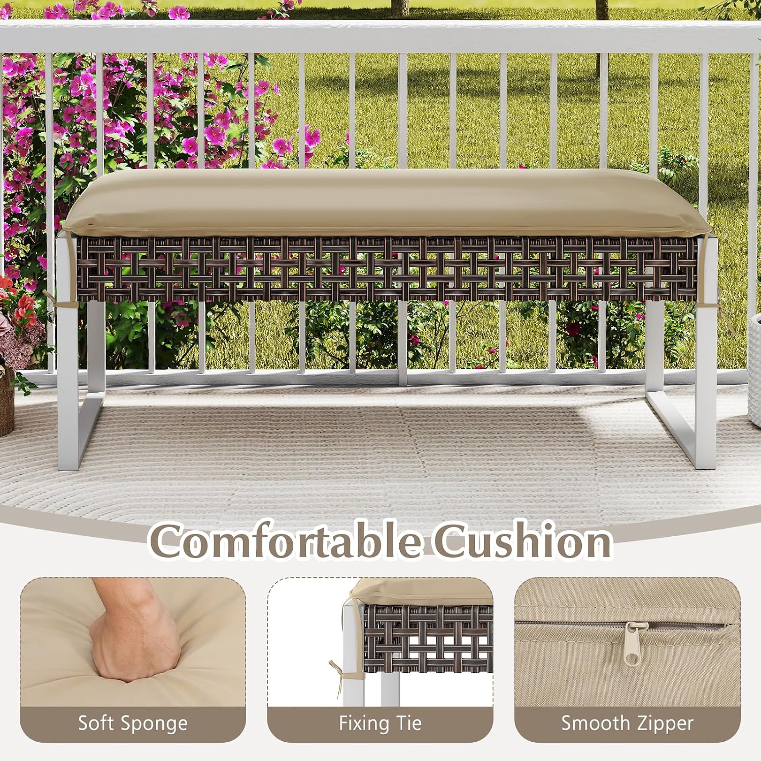 Tangkula Outdoor Ottoman, Patio Rattan Heavy Duty Wicker Footrest with Soft Cushion & Metal Frame, Extra Seating, for Porch, Backyard, Lawn and Poolside (1)