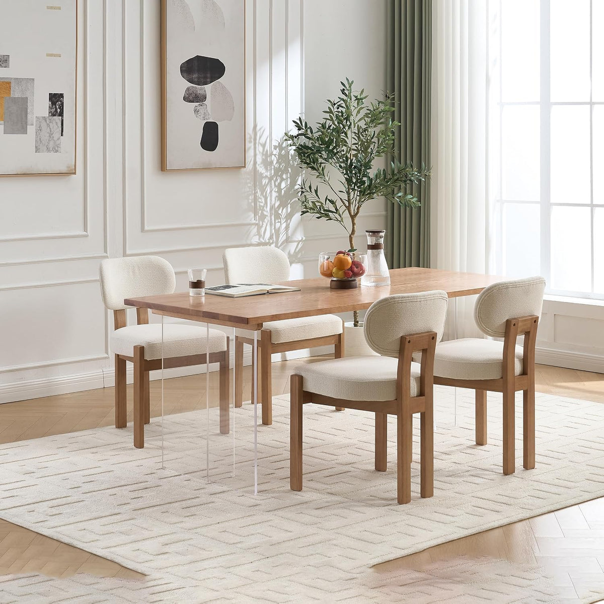 RGZ Mid Century Wooden Dining Chairs Set of 4, Modern Fabric Upholstered Beige Kitchen Chair with Curved Backrest, Farmhouse Dinner Chairs and Wood Frame Legs for Kitchen, Living Room, Home