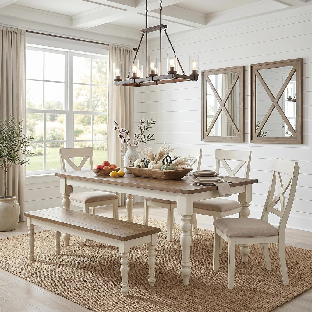 Roundhill Furniture Prato 6-Piece Dining Set, Dining Table with 4 Cross Back Chairs and Bench, Antique White and Distressed Oak Finish