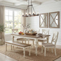 Roundhill Furniture Prato 6-Piece Dining Set, Dining Table with 4 Cross Back Chairs and Bench, Antique White and Distressed Oak Finish